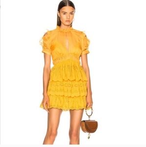 Self-Portrait Mustard Yellow Tiered Eyelet Mini Dress